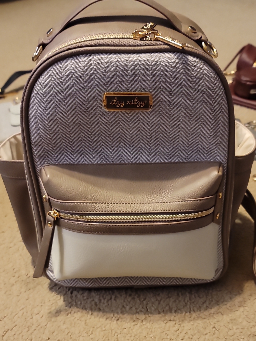 Itzy Ritzy Taupe and Cream Herringbone Mini Backpack